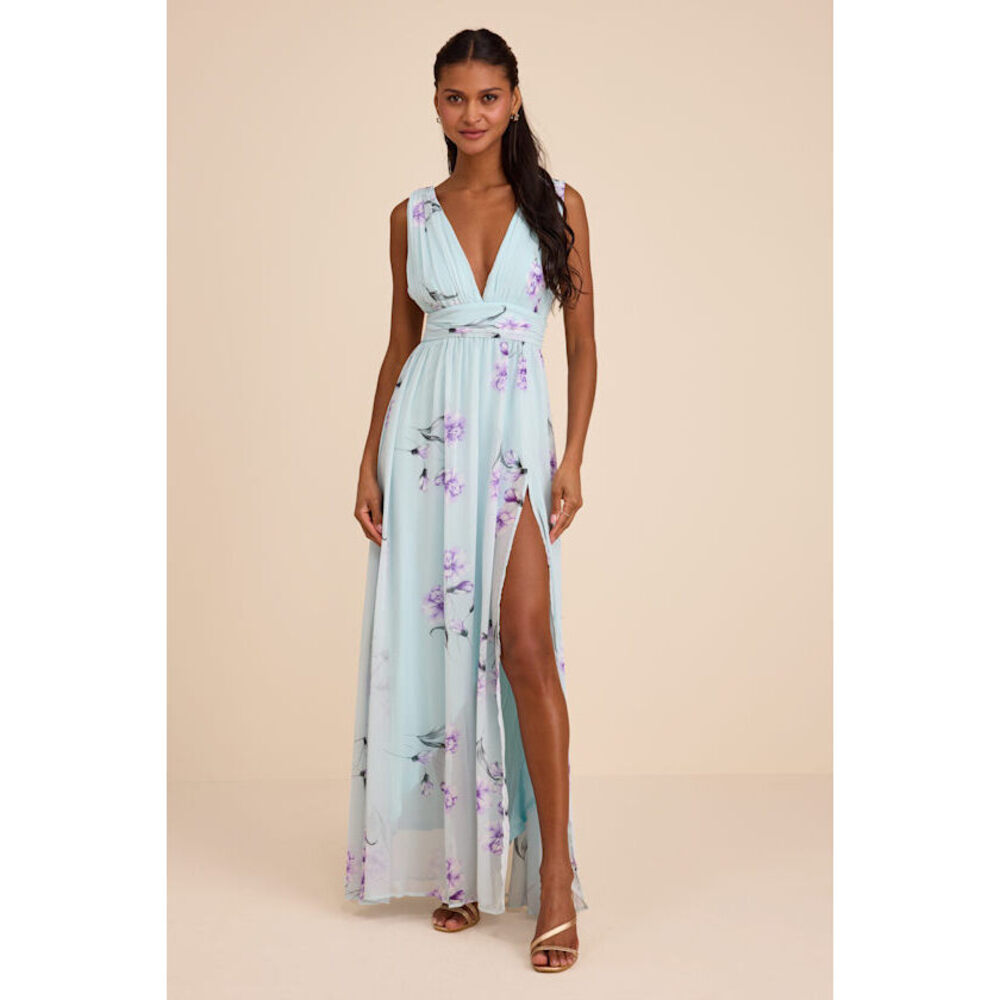 Lulus Garden Meandering Mint Blue Floral Print Maxi Dress - Size M